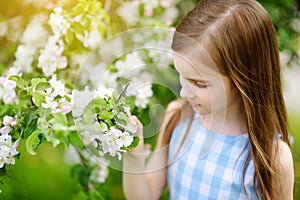 Adorable little girl in blooming apple tree garden on beautiful spring day