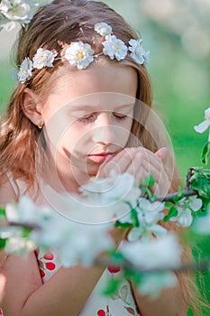 Adorable little girl in blooming apple tree garden on spring day