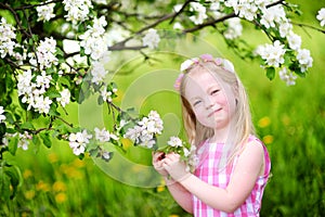 Adorable little girl in blooming apple tree garden on spring day