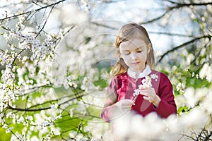 Adorable little girl in blooming cherry garden