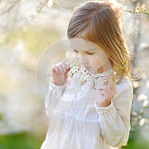 Adorable little girl in blooming cherry garden