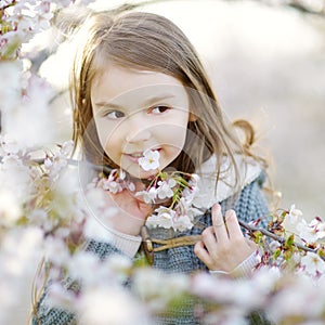 Adorable little girl in blooming cherry garden