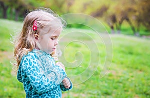 Adorable little girl blowing off dandelion
