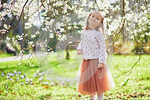 Adorable little girl enjoying nice and sunny spring day near apple tree in full bloom