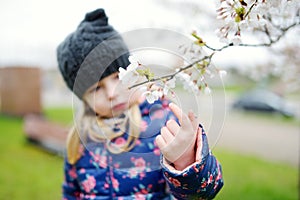 Adorable little girl having fun in blooming cherry garden on beautiful spring day