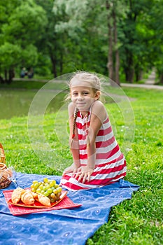 Adorable little girl on picnic outdoor near the