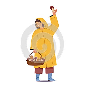 Adorable Little Girl Proudly Displaying A Large Basket Filled With Freshly Picked Mushrooms, Vector Illustration