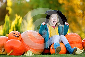 Adorable little girl wearing halloween costume having fun on a pumpkin patch