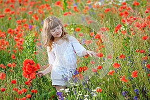 Adorable little girl in white dress playing in poppy flower field. Child picking red poppies. Toddler kid having fun in summer me