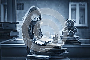 Adorable little girl, writing letter to Santa, sitting on a wind