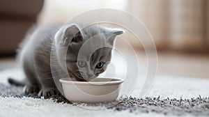 Adorable little grey kitten enjoying a meal from a white bowl