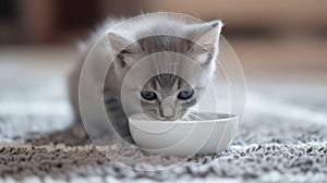 Adorable little grey kitten enjoying a meal from a white bowl