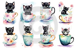 Adorable little kittens coffee cup watercolor illustration set. Black cat, Orange cat, White cat, Gray cat
