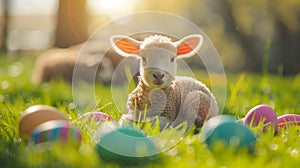 Adorable little lamb in a sunny meadow with colorful Easter eggs around.