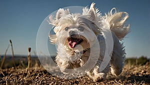 Adorable little Maltese dog with light fur running with its tongue lolling out in happiness