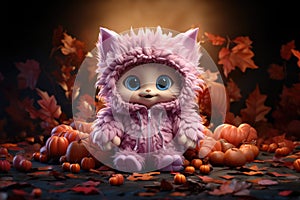 Adorable Little Monster In A Fluffy Onesie And Colorful Fur Ready To Go Trickortreating