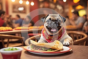 Adorable little pug sitting at crowded mexican restaurant table eating tacos, funny Mexican food ad, blurred background with copy