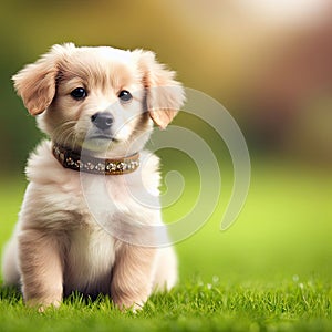 Adorable Little Puppy Sitting on the Grass With a Blurred Background
