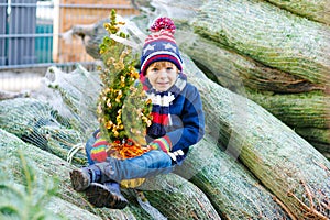 Adorable little smiling kid boy holding Christmas tree on market. Happy healthy child in winter fashion clothes choosing