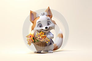 Adorable little smiling red fox holding wicker basket with flowers, isolated on beige background