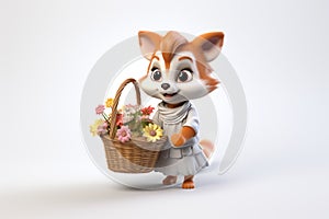 Adorable little smiling red fox holding wicker basket with flowers, isolated on white background