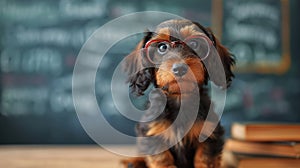 adorable little teckel dachshund puppy with glasses sitting in front of blackboard