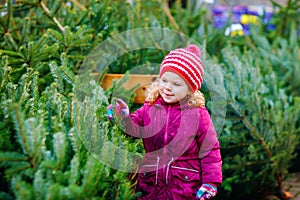 Adorable little toddler girl holding Christmas tree on market. Happy healthy baby child in winter fashion clothes