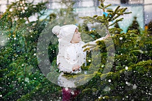 Adorable little toddler girl holding Christmas tree on market. Happy healthy baby child in winter fashion clothes