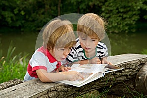 Adorable Little Twin Brothers Looking and Pointing at Very Interesting Picture in the Book Near the Beautiful Lake