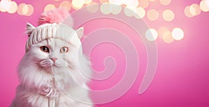 Adorable little white fluffy pussy cat in a winter ski hat, cute Christmas background, banner with copy text