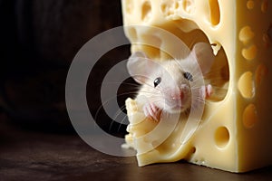 Adorable little white mouse peeking out from a hole in a large piece of cheese, illustrating curiosity and cuteness. Copy space.