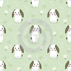 Adorable Lop-Ears Bunny and Flower Seamless Pattern