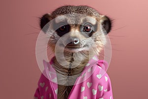Adorable meerkat in heart-patterned pajama ready for sleep.