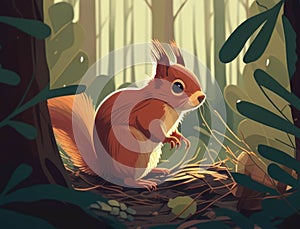 An adorable mischievous squirrel scurrying through the forest Cute creature. AI generation