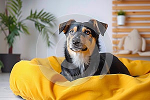 Adorable mixed breed dog lounges on yellow bed, attentive gaze