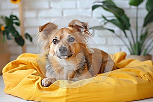 Adorable mixed breed dog lounges on yellow bed, attentive gaze