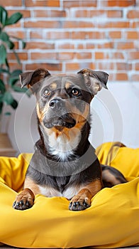 Adorable mixed breed dog lounges on yellow bed, attentive gaze