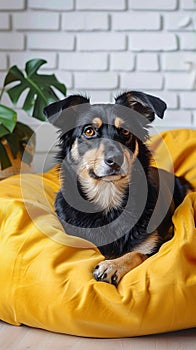 Adorable mixed breed dog lounges on yellow bed, attentive gaze