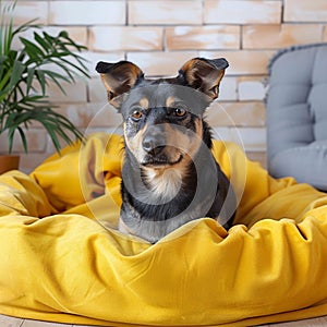 Adorable mixed breed dog lounges on yellow bed, attentive gaze