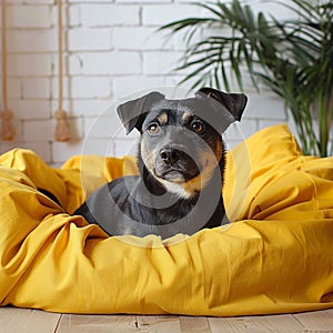 Adorable mixed breed dog lounges on yellow bed, attentive gaze