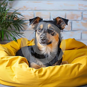 Adorable mixed breed dog lounges on yellow bed, attentive gaze