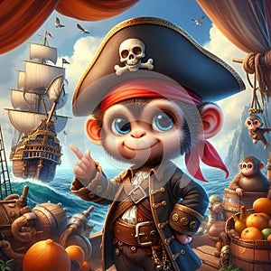 An adorable monkey pirate in the costums, a pirate ship sailing on the sea in the background, cartoon, fantasy realistic photo