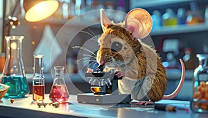 Adorable Mouse Scientist Examines Specimen Under Microscope in Lab