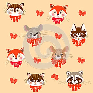 Adorable mustachioed little animals faces: foxes, kittens, mice and raccoons. Cute cartoon print for kid