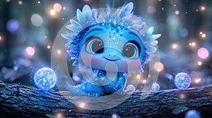 Adorable, mystical dragon, sitting on a log in a magical forest