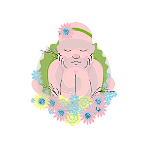 Adorable Newborn Baby Girl in Flower Headband Sleeping on Flowers Vector Illustration