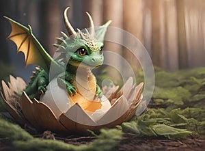 adorable newborn dragon kid hatch off from his egg . Digital artwork. AI generated