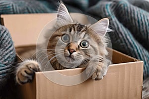 Adorable nook Fluffy cat lounging in a cardboard box at home