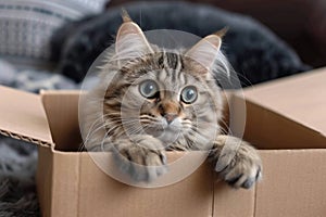 Adorable nook Fluffy cat lounging in a cardboard box at home