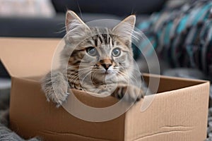 Adorable nook Fluffy cat lounging in a cardboard box at home